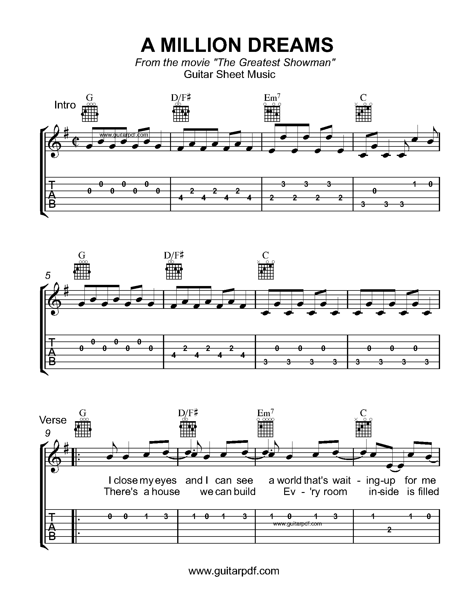 A Million Dreams Easy Guitar Tabs