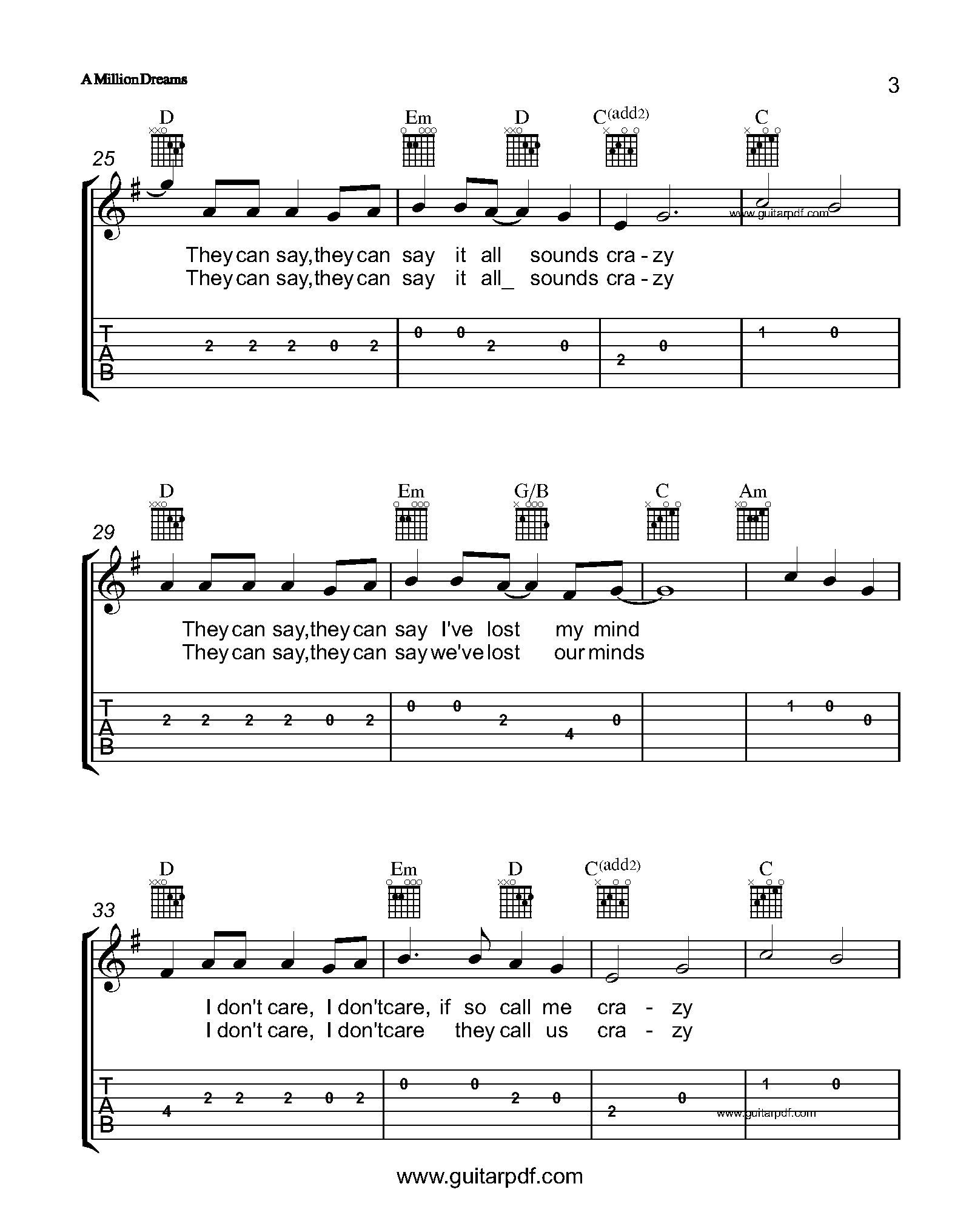 A Million Dreams Easy Guitar Tabs