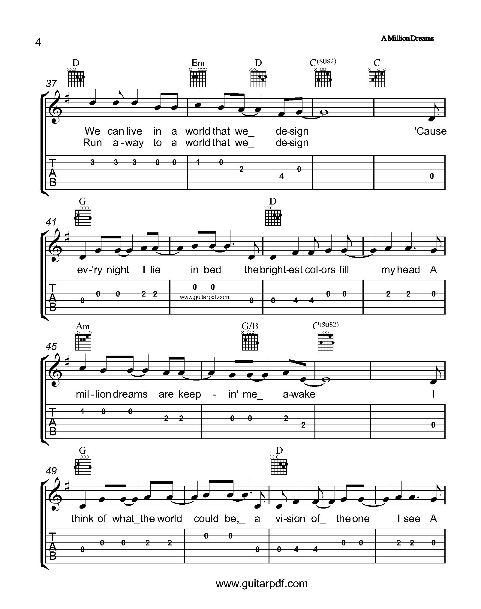 A Million Dreams Easy Guitar Tabs