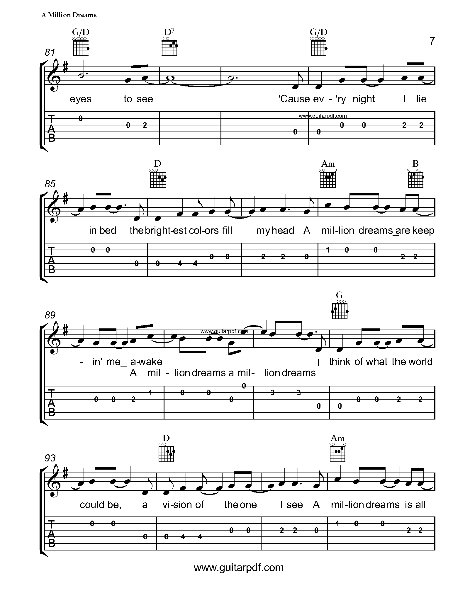 A Million Dreams Easy Guitar Tabs