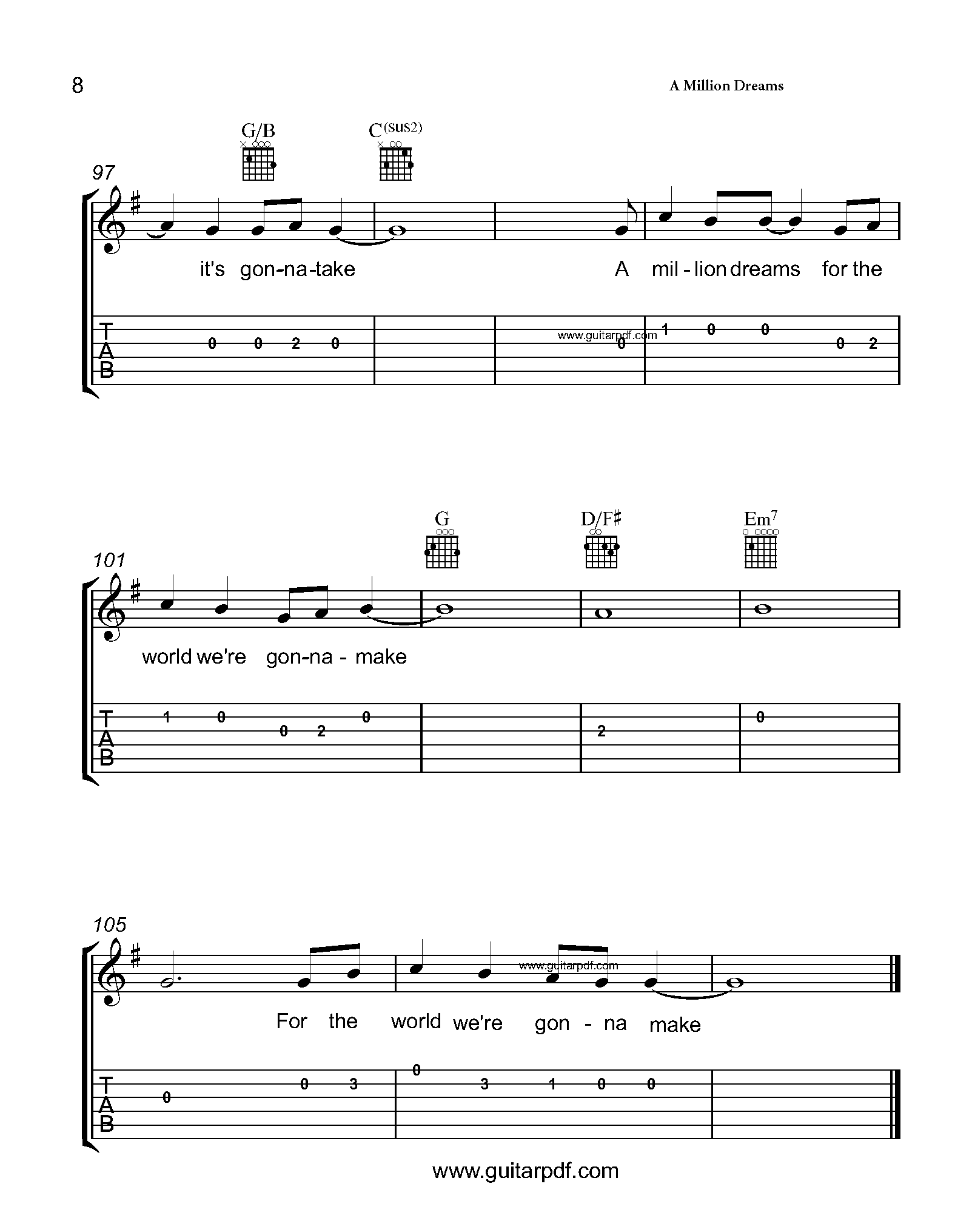 A Million Dreams Easy Guitar Tabs