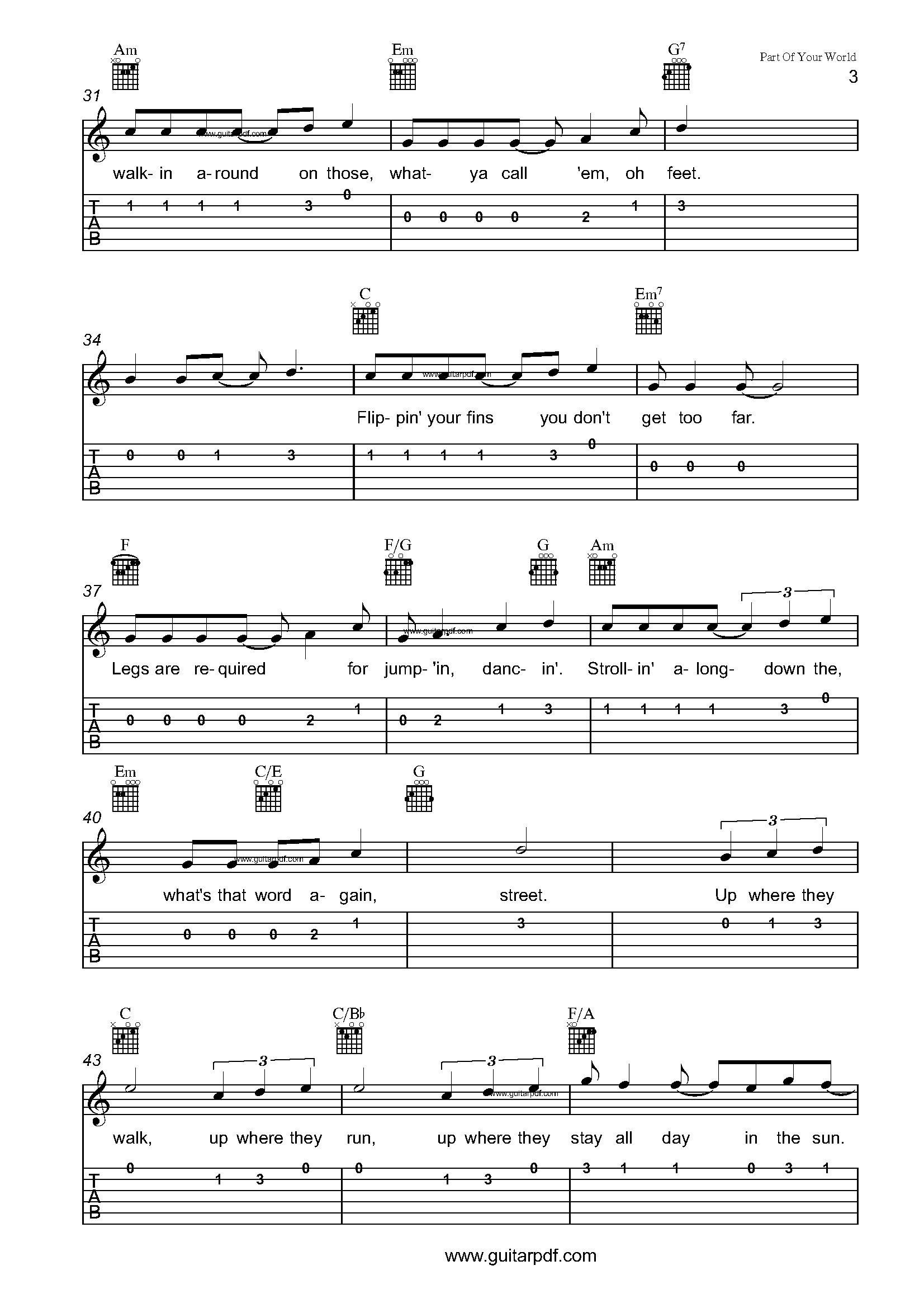 Part Of Your World Easy Guitar Tabs