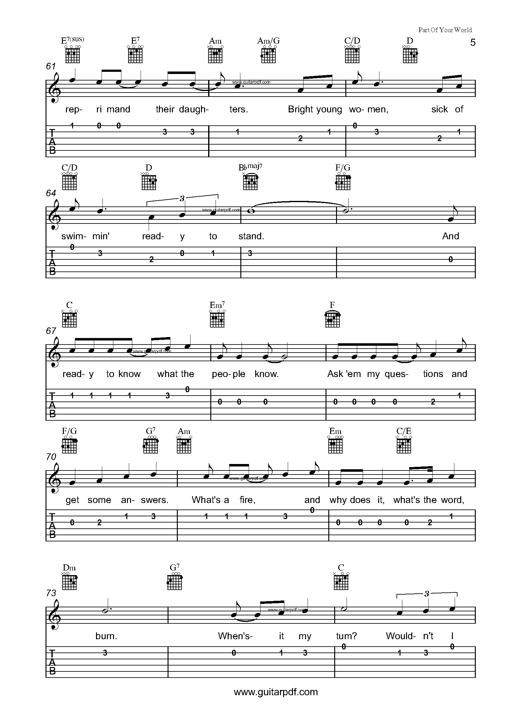 Part Of Your World Easy Guitar Tabs