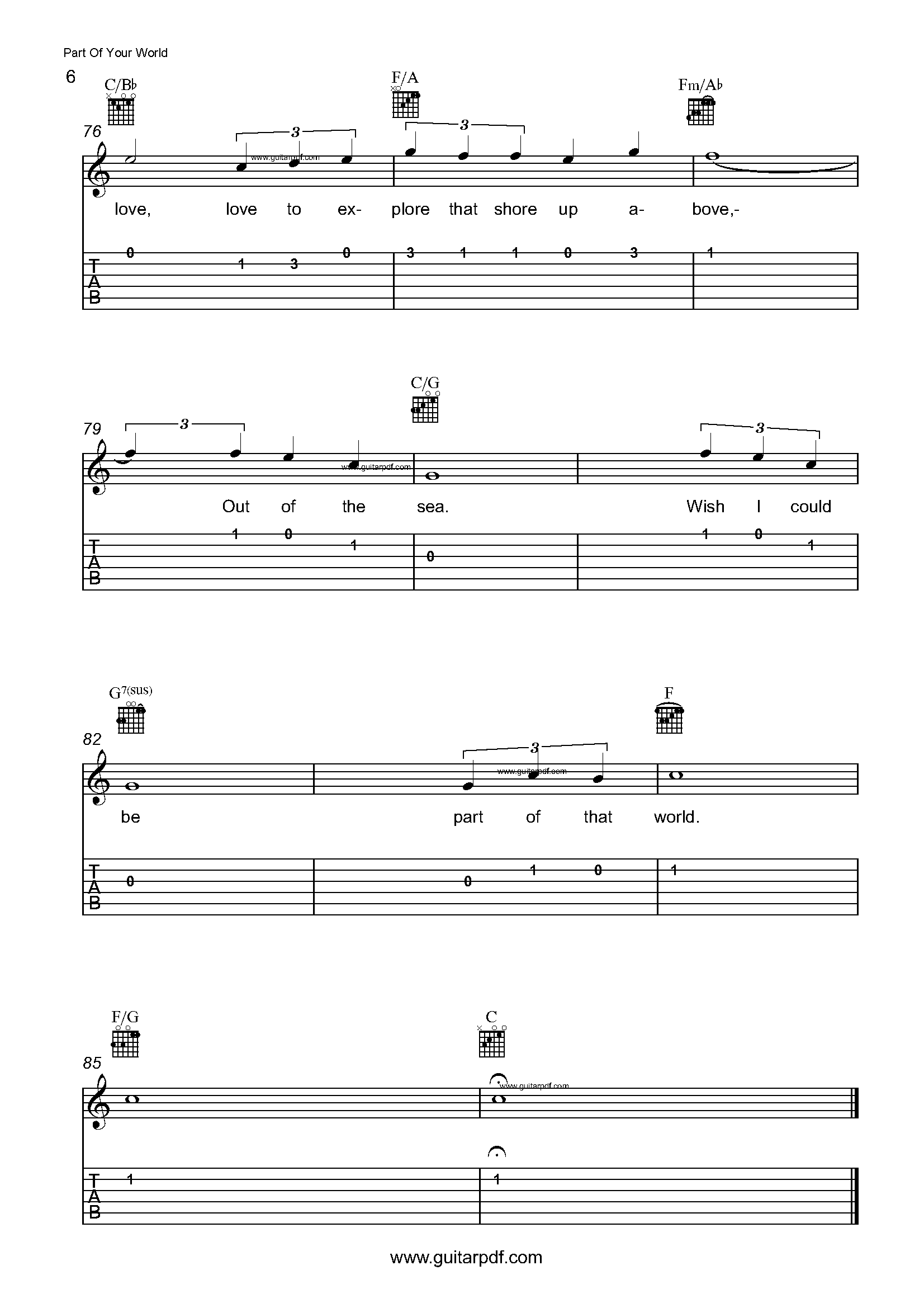 Part Of Your World Easy Guitar Tabs